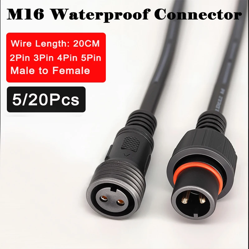 5/20Pcs Male to Female 2pin 3pin 4pin 5pin Waterproof wire IP68 Black Cable 20cm Pigtail LED Connector for Decorative LED Lights