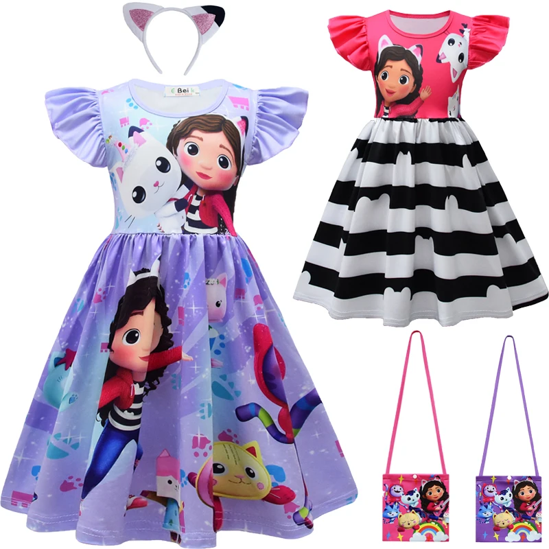 

Kids Clothes Gabby Cats Short Sleeve Dress with Bag Toddler Girls Gabbys Dollhouse Party Dress Baby Girls Dress Vestidos