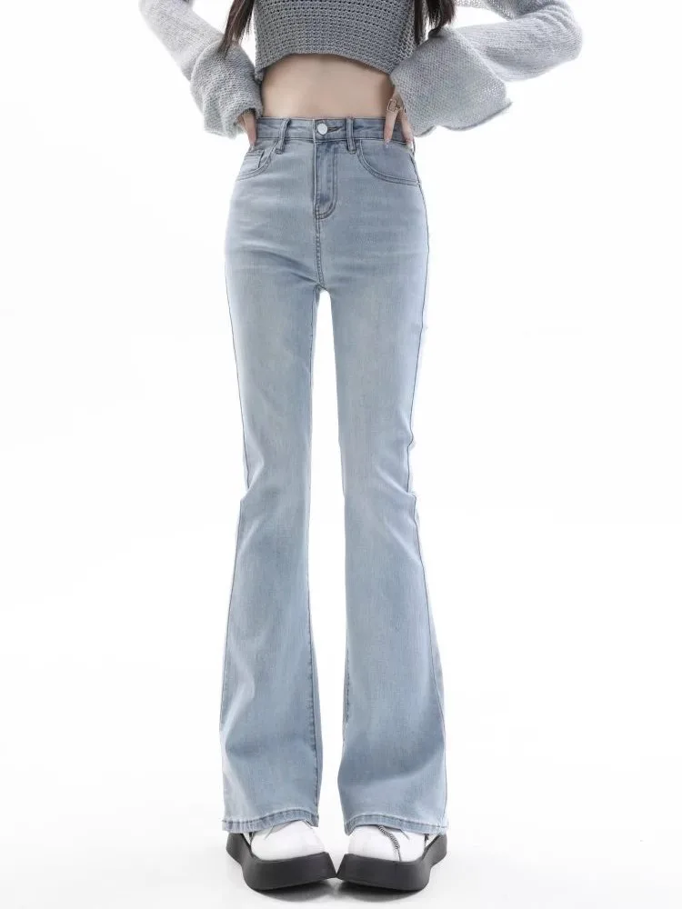 

Light Wash Slim Fit High Waist Bell Bottom Jeans Women's Early Autumn New Style Elastic Denim Pants Cotton Polyester Blend