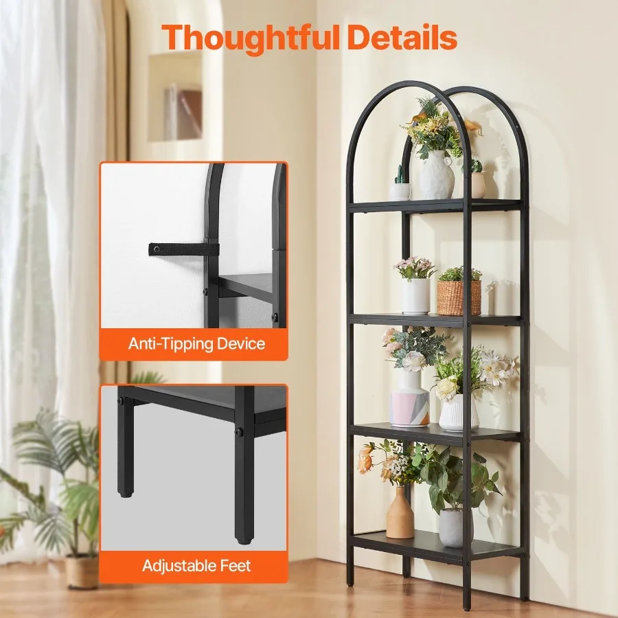 Metal Bookshelf 4Tier Arched Industrial Bookshelf Small Rustic Vintage Storage Bookcase with Open Shelves Freestanding Display