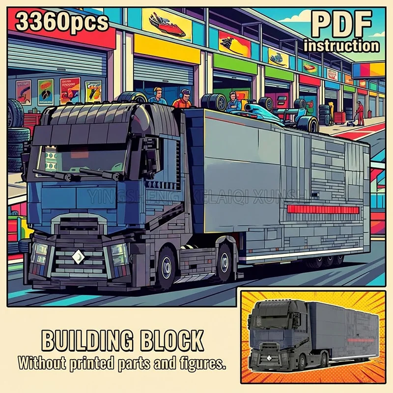 

MOC Racing Team Transporter Semi Truck with 2 Race Cars & Pit Stop Interior Block Model for 249029 moc