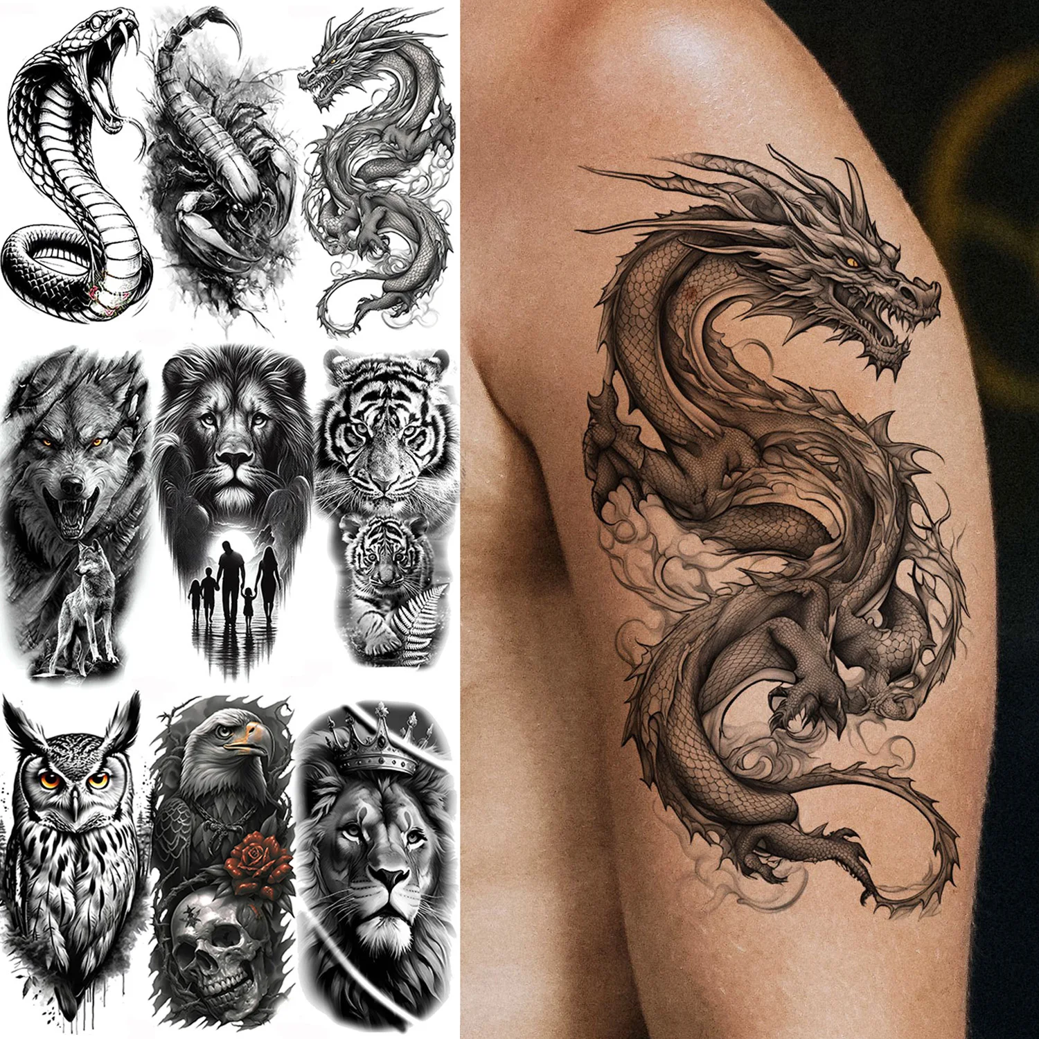 

1 лист временных татуировок с изображением кобры, змеи, дракона, скорпиона для мужчин и женщин, водонепроницаемые, долговечные, с изображением льва, тигра, волка, наклейки-тату