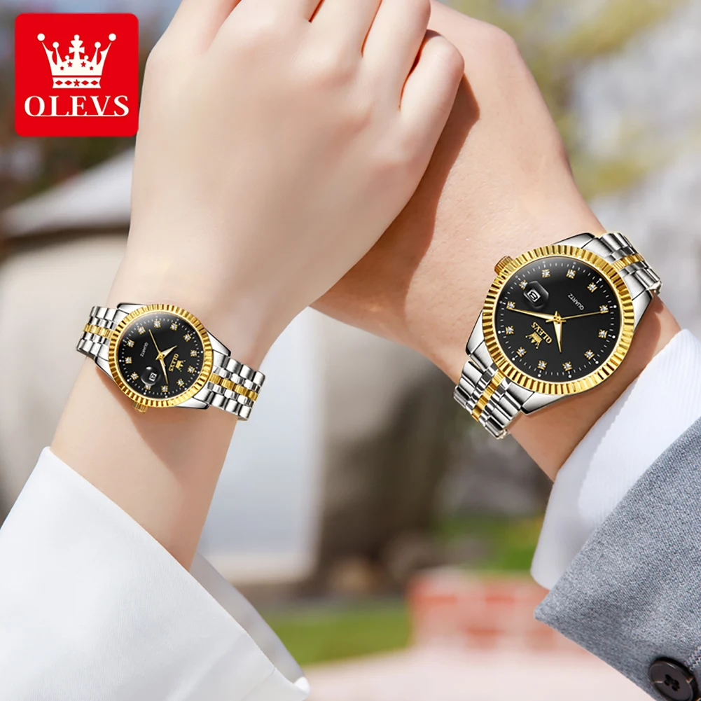 OLEVS 5526 Luxury Brand Quartz Couple Watch Waterproof Watch Classic Business Dating Week Diamond Clock His or Her Watch Set