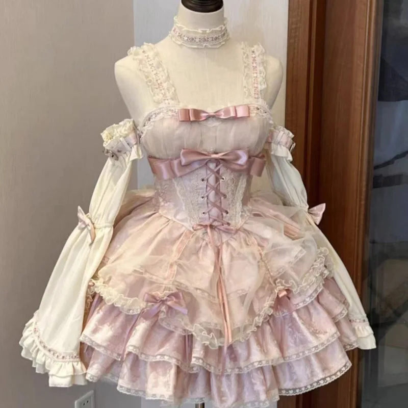 

Lolita Bow Lace Dresses Y2K JK Original JSK Butterfly Sweet Blue Pink Layered Ruffle Corset Outfit Princess Party Cosplay Girls