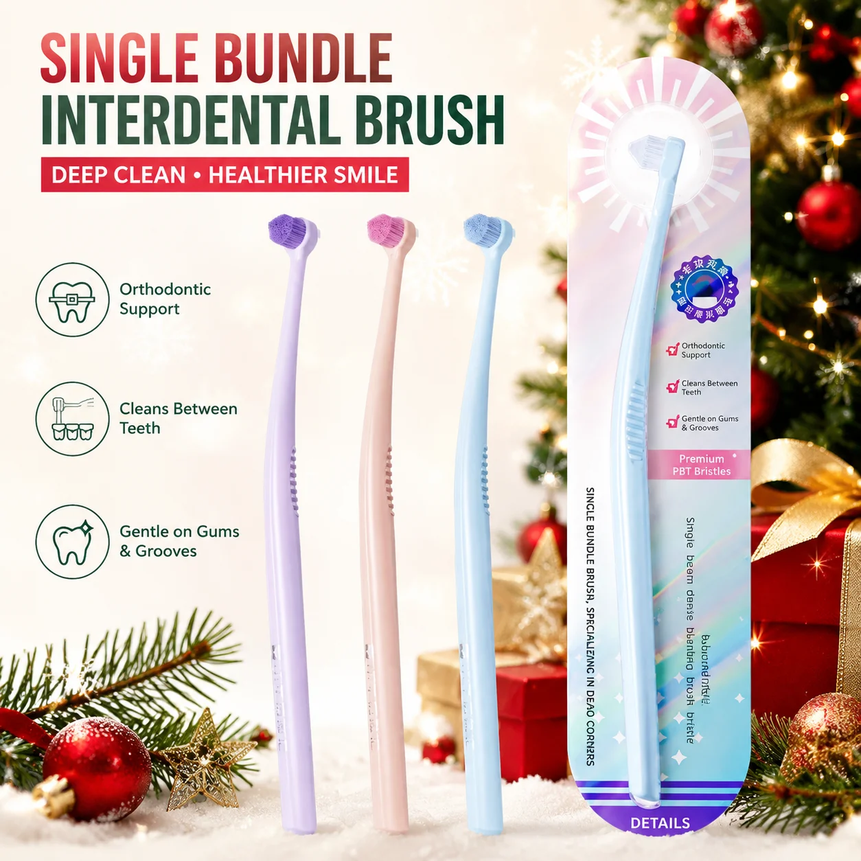 Tapered Head Interdental Brush in 3 Colors, 0.01mm Soft Bristles with Non-Slip Handle, Waterproof Independent Packaging