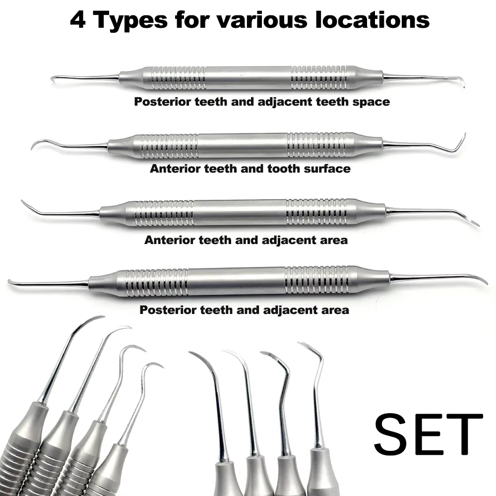 

4 Piece Double Ended Tooth Scaler Kit Stainless Steel Dental Cleaning Instruments for Plaque Removal and Oral Hygiene Exams