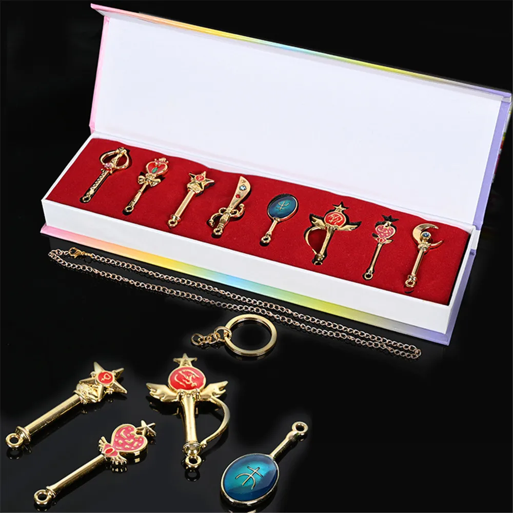 8 sztuk/zestaw Anime Sailor Moon magiczna różdżka wisiorek rtęć jowisz wenus metalowa figurka zabawki Cosplay