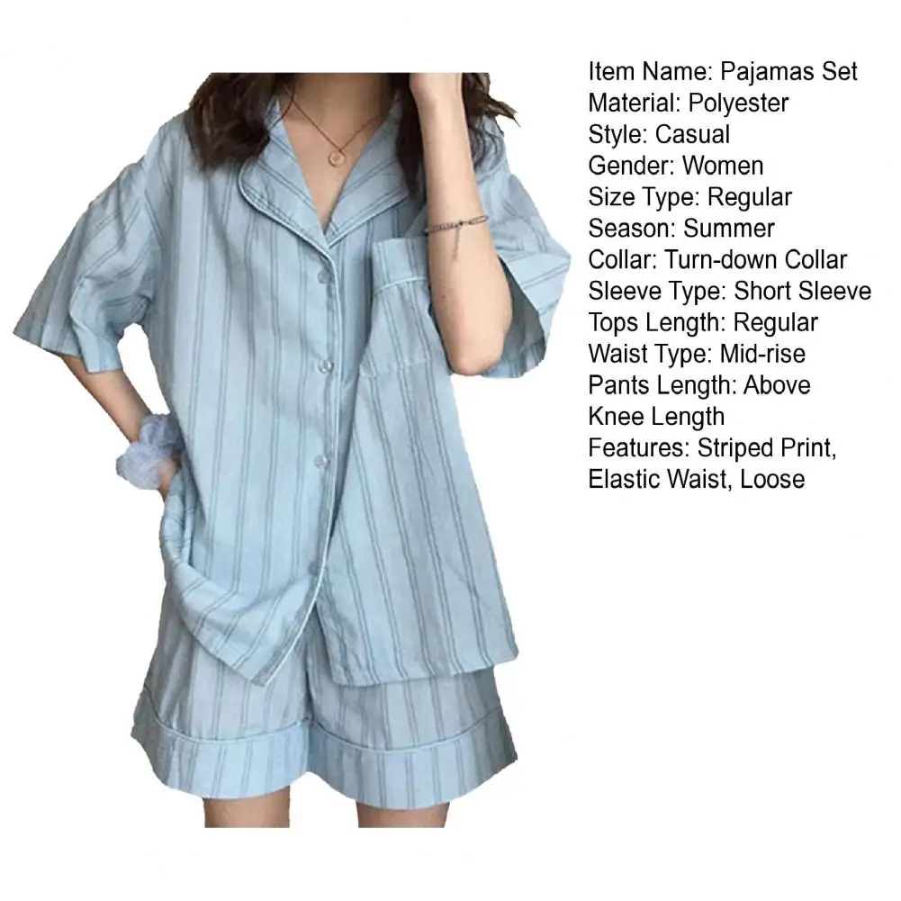 2 Pcs/Set Women Pajamas Set Lapel Contrast Color Short Sleeve Elastic Waist Loose Wide Leg Homewear Sleepwear Blouse Shorts Set