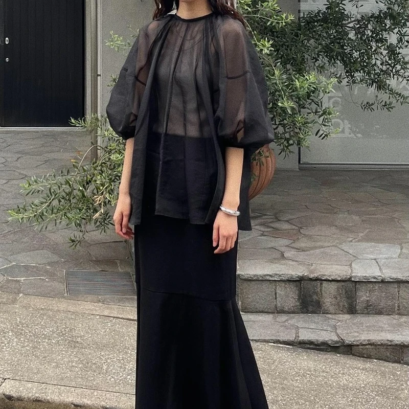 Kuzuwata Translucent Black Round Neck Drawstring Elegant Shirt Puff Sleeve Slim Waist Blouse Japanese New Fashion Mujer Blusa