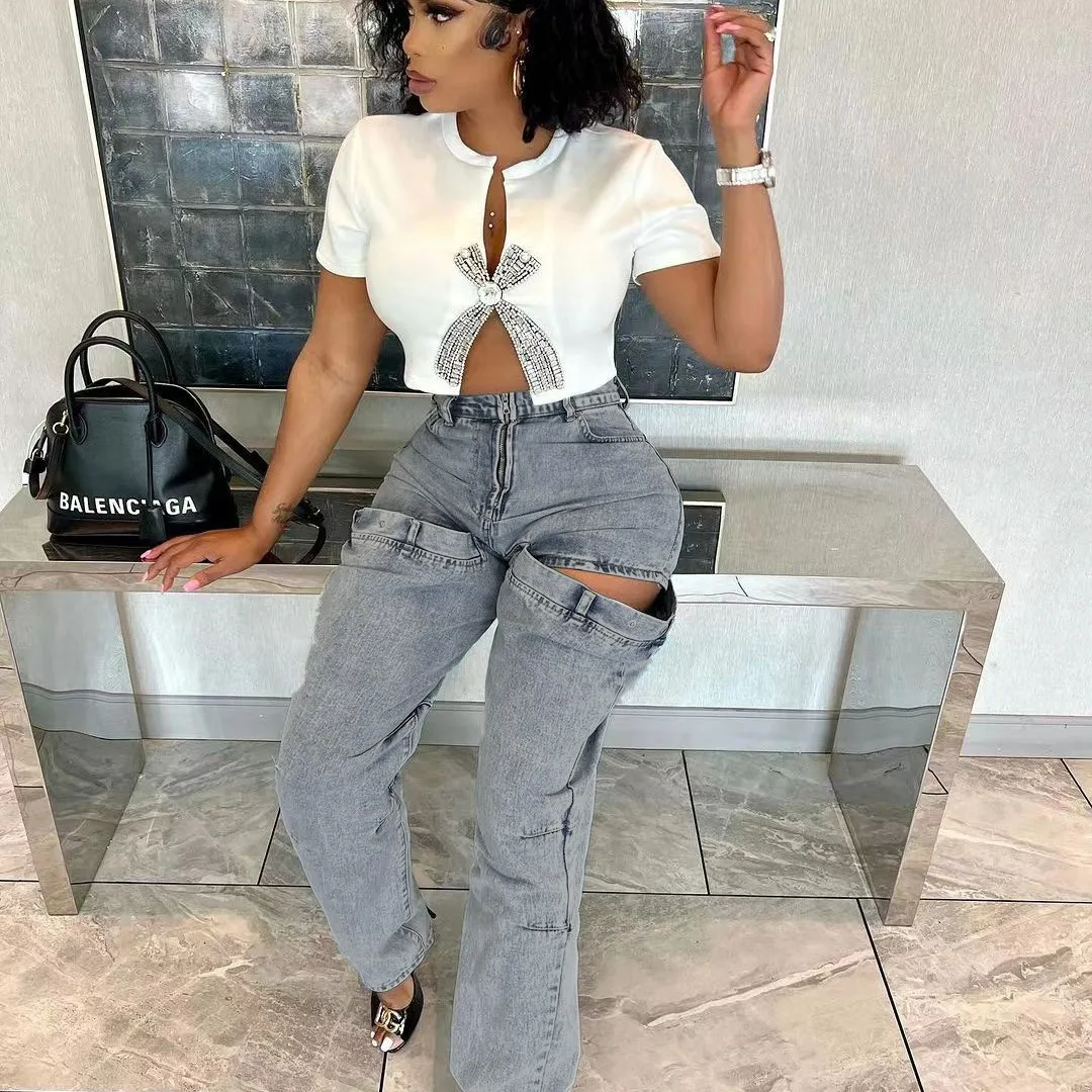 

Y2K Jeans For Women Hollow Out Pants Stretch Mid Waist Distressed Pockets Denims 2025 Streetwear Female Ankle Length Trousers