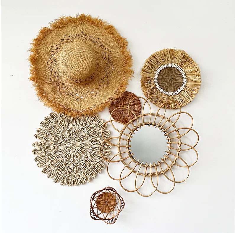 

Ins Indonesia Bohemian Nordic wall decoration Homestay handmade wall decoration Round straw rattan background wall