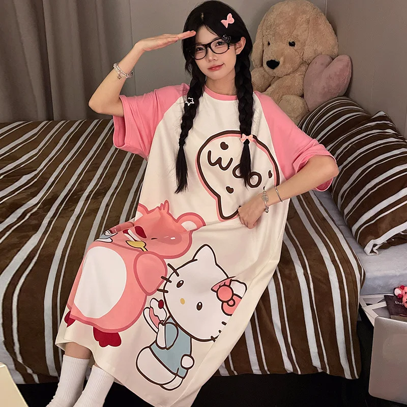 

Hello Kitty Sleeping Skirt Women's Summer Short Sleeved Cotton Medium Long Pajama Cartoon Home Clothes