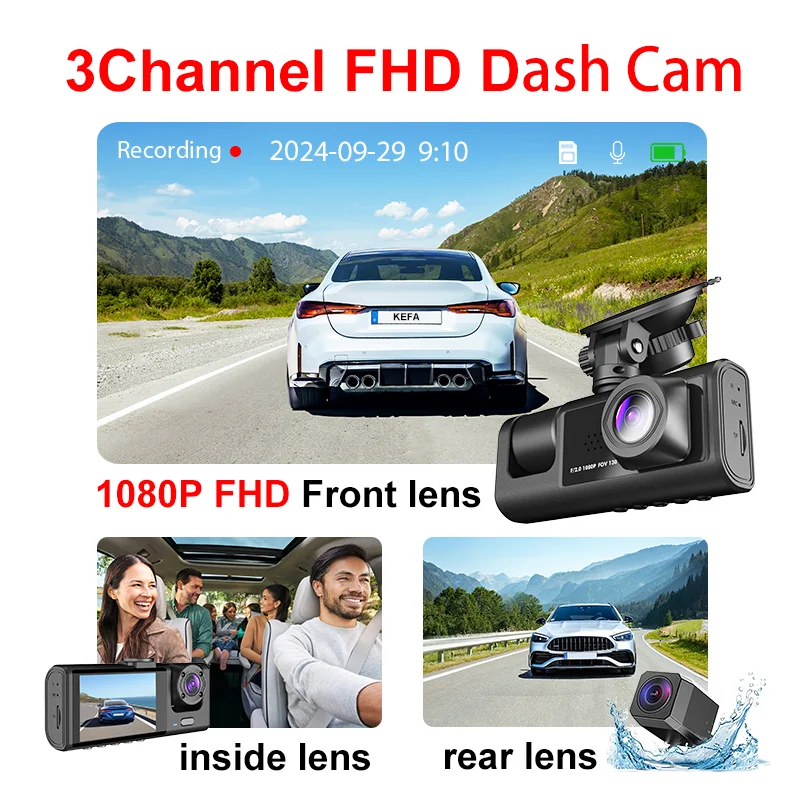 3 Channel DashCam 1080P FHD Car Camera, Front Rear Inside 3-Lens Car DVR Recorder, Equipped 2