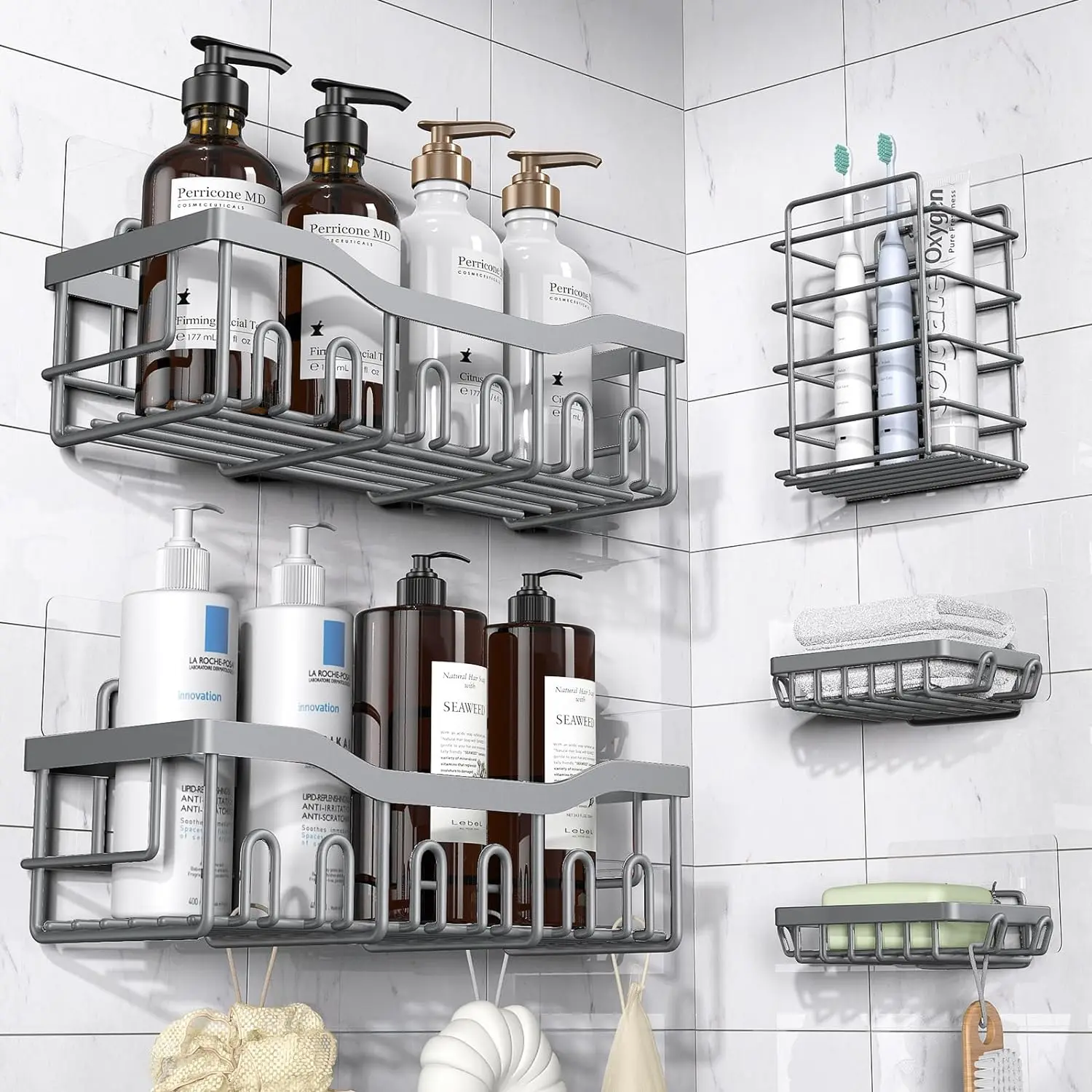 5-Pack Adhesive Shower Caddy, Rustproof Stainless Steel Organizer for Bathroom Storage with Large Capacity, No Drilling Bathroom Caddy with Soap Toothbrush Holder for Kitchen Home