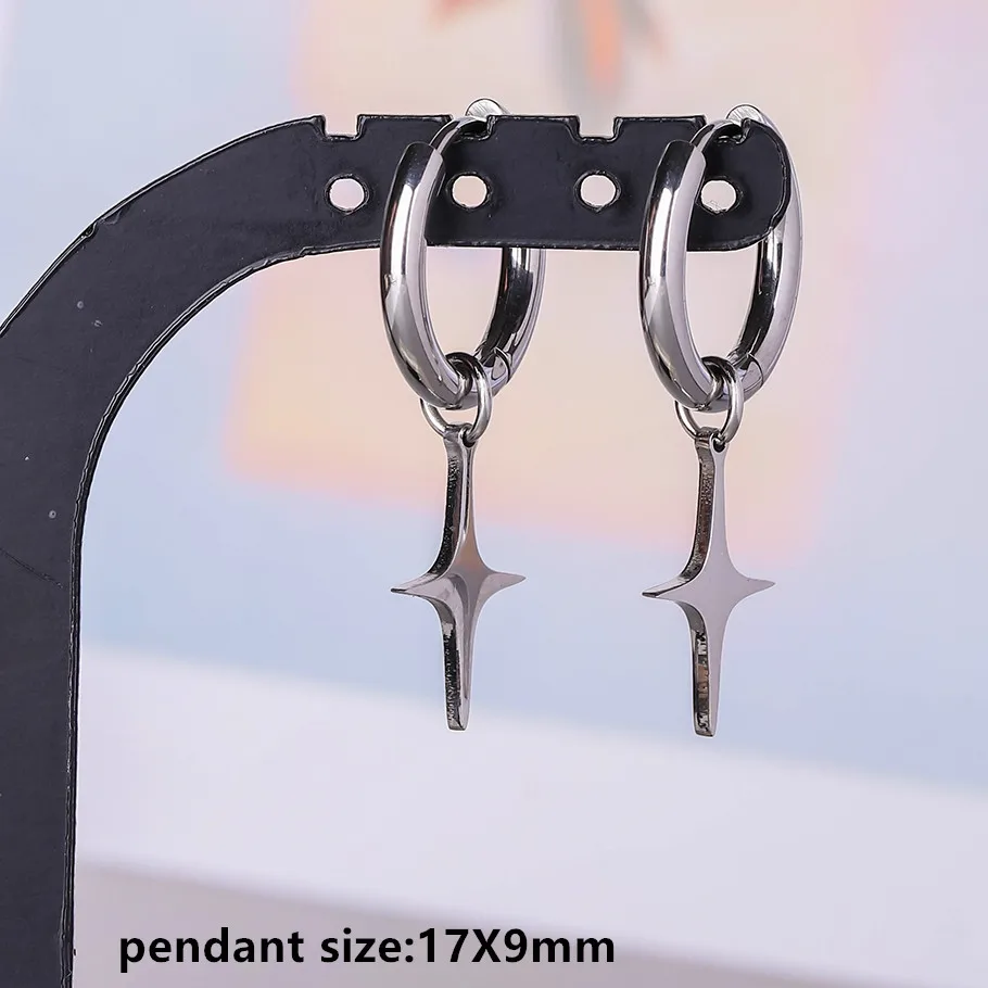 Stahlfarbener Engel-Stern-Kreuz-Schwert-Charm-Ohrring, kein Anlaufen, Ohrpiercing, Edelstahl-Ohrringe für Damen und Herren, Schmuck, Kolczyki – Detail 16