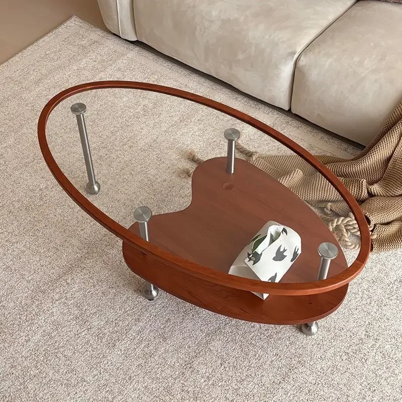 

Medieval peach glass coffee table oval hemming glass new stainless steel living room office small apartment large coffee table