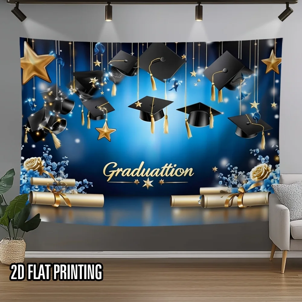 قطعة واحدة من خلفية حفل التخرج - زينة حفلات التخرج باللونين الأزرق والذهبي مع قبعات التخرج #1