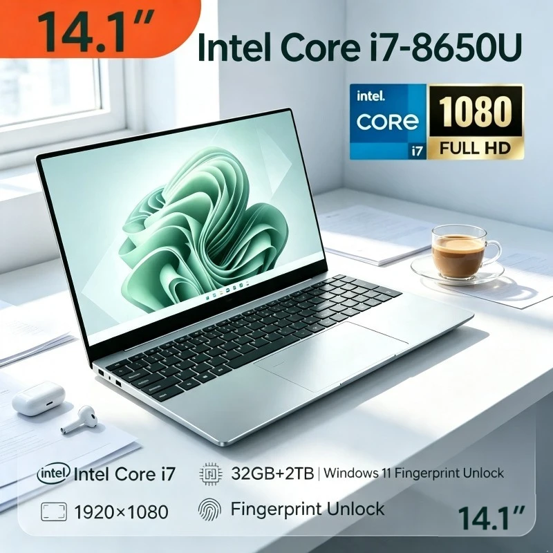 New Ultra Slim 14.1 Inch Laptop 32GB DDR4 2TB SSD Intel Core i7 8650U Windows 11 1920x1080 HD Gaming PC Gamer Office Notebook