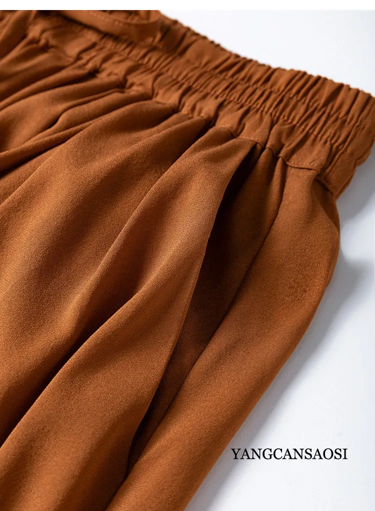 2025 Women's Fashion Clothing 100% Natural Mulberry Silk Jianhong Crepe Pumpkin Yellow Elastic Waist Versatile Elegant Pants
