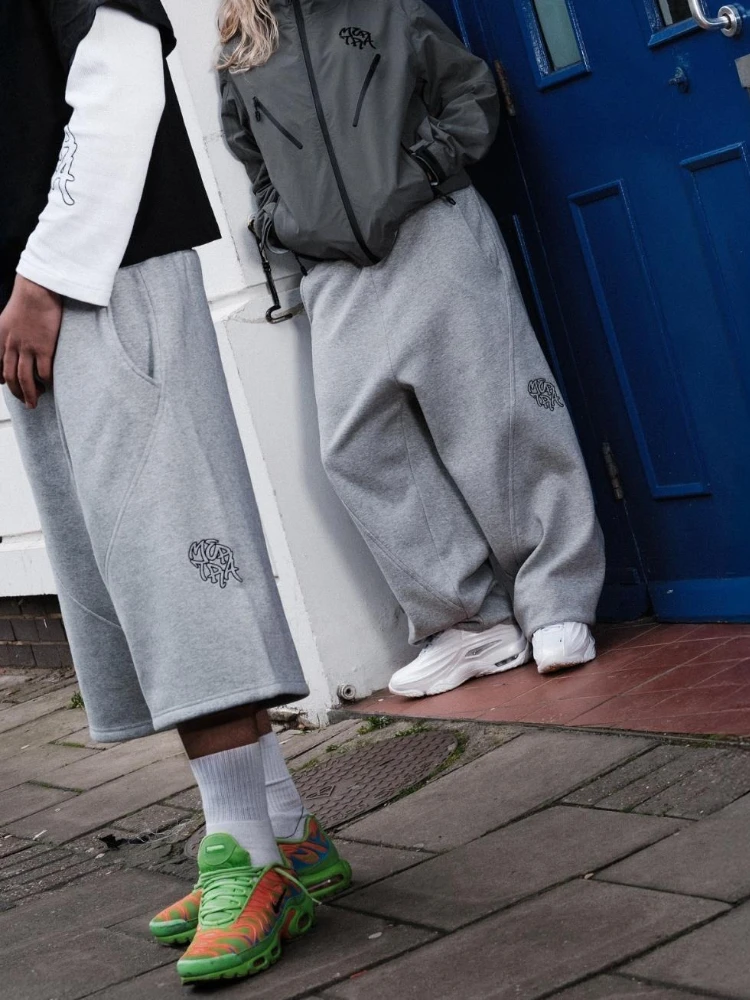 HOUZHOU Vintage Gray Sweatpants Baggy Y2k Harajuku Hip Hop Embroidery Joggers Wide Leg Sports Pants Casual Trousers Streetwear