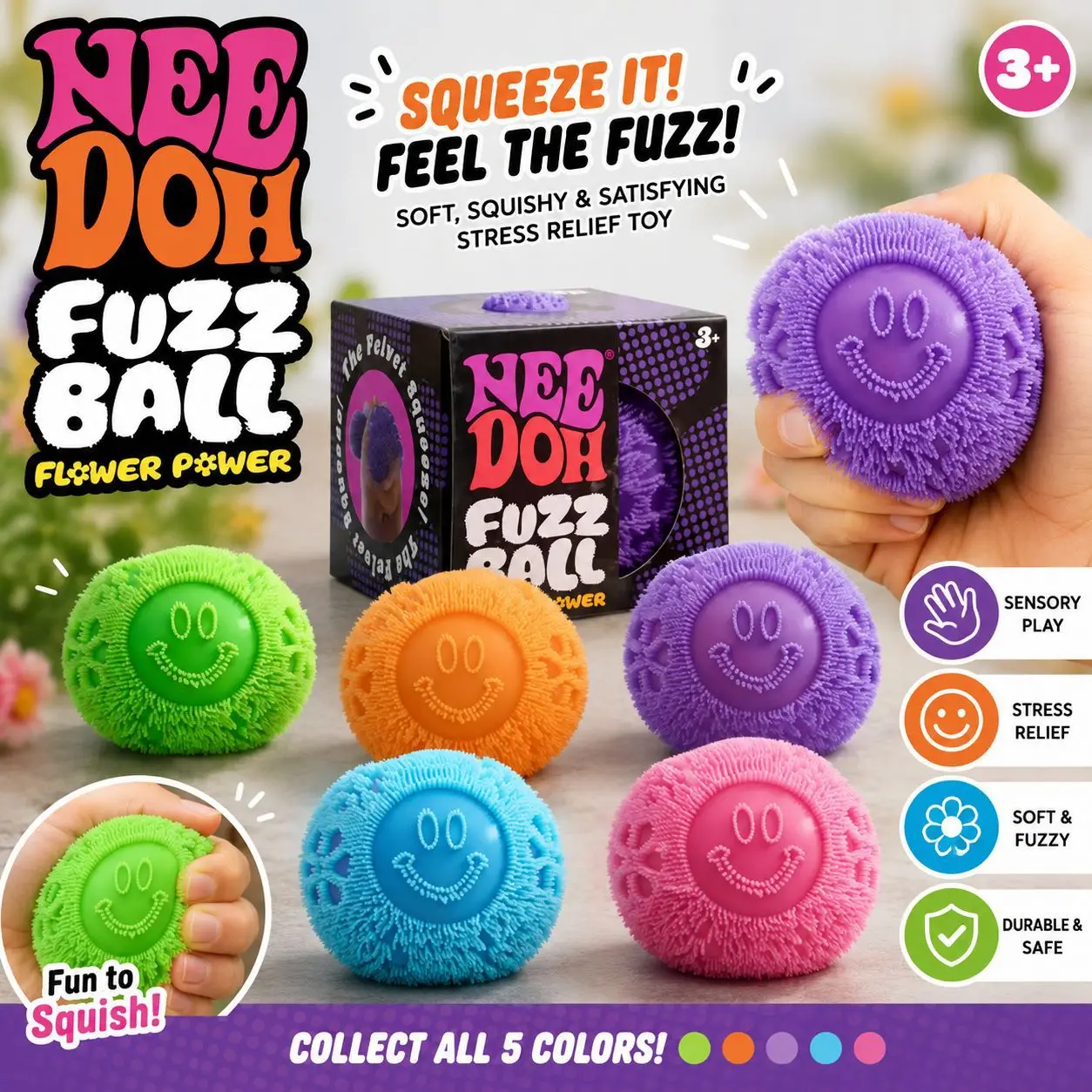 NeeDoh Fuzz Ball Smiley Face Stress Ball, Slow Rising Maltose Squeeze Fidget Toy, Soft Fluffy Flower Power Squishy