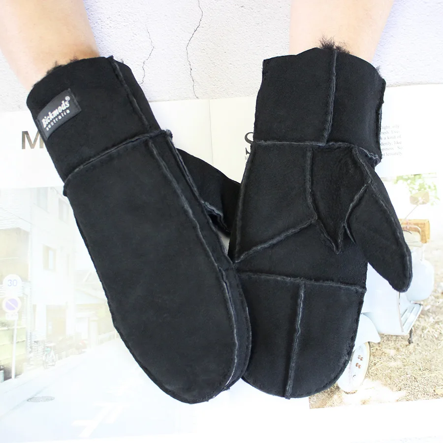 Luvas de pele de carneiro para homens e mulheres, luvas de couro grossas costuradas à mão, preto, lã, frio, quente, inverno
