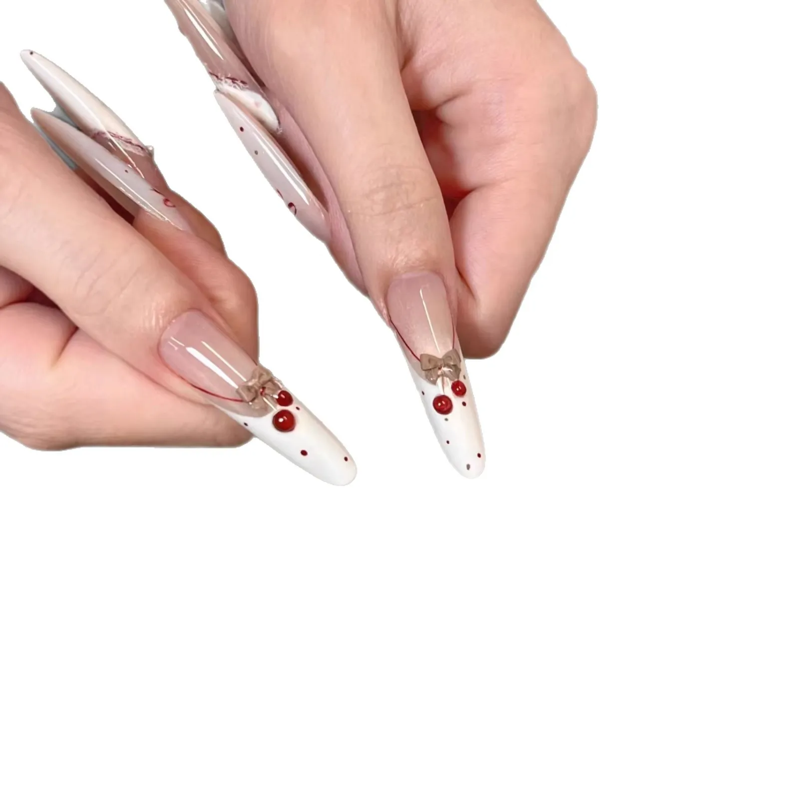 10 pçs feito à mão longo stiletto imprensa em unhas branco francês cereja bolinhas arco design doce bonito unhas falsas wearable unhas arte ponta