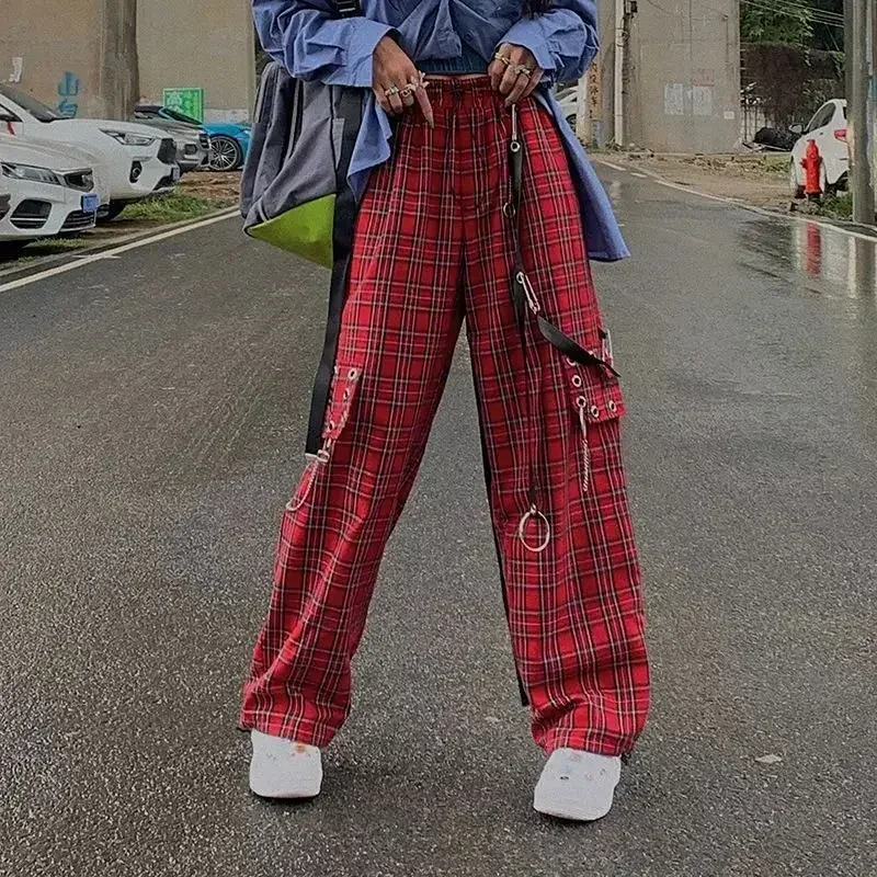 

2025 New Suumer Punk Cargo Plaid Pants Women Gothic Harajuku Red Checkered Wide Leg Trousers for Female Hippie Streetwear Women