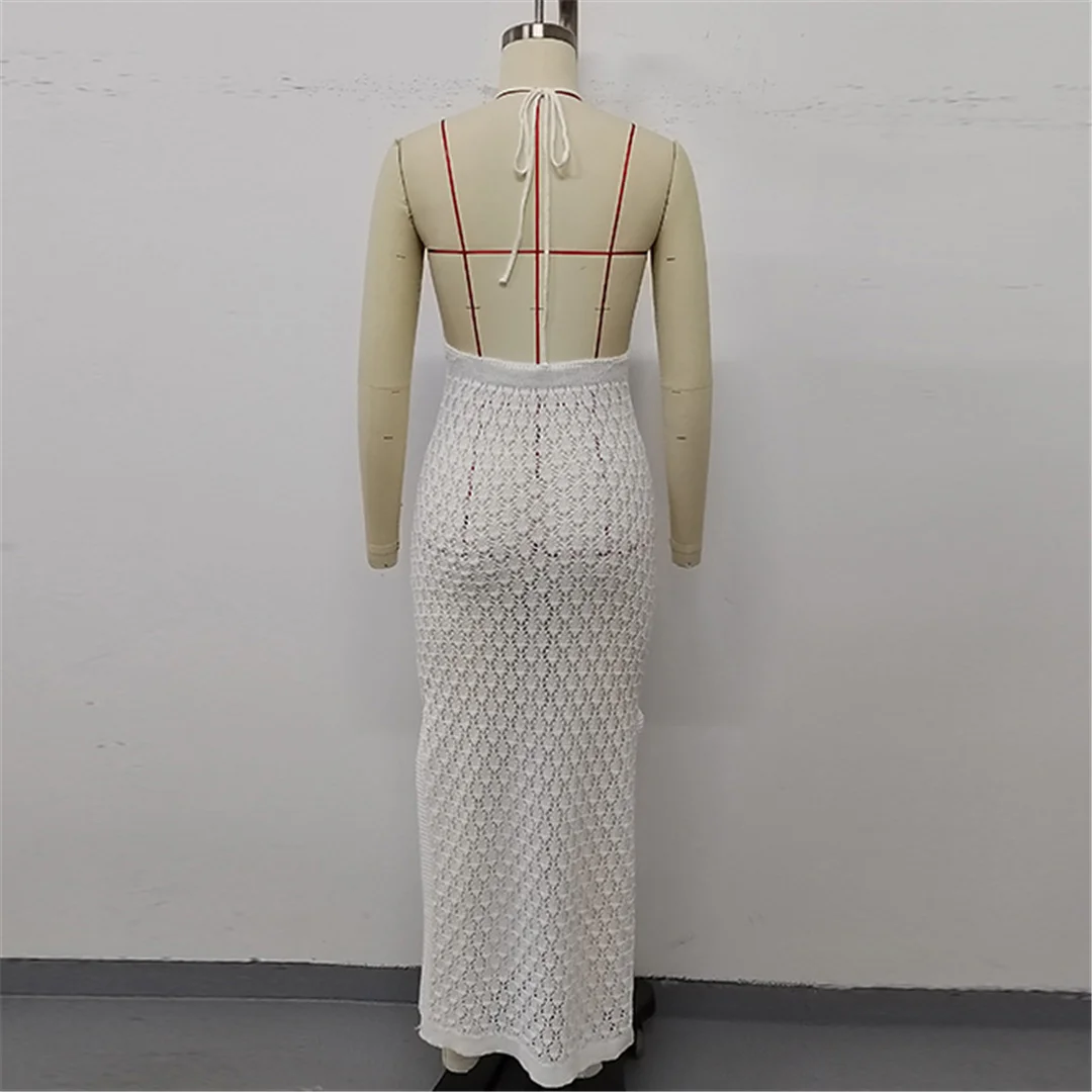 Halterneck, rückenfreies, gehäkeltes, gestricktes Tunika-Strandkleid, Strandkleid, Strandmode, Damen V6718 – Detail 19