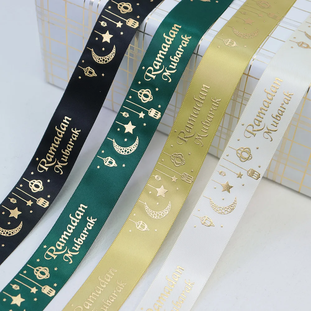 16mm 25mm Gold Foil Eid Mubarak Ramadan Mubarak Printed Satin Ribbon For Muslim Ramadan Festival Al-Fitr Party Decoration