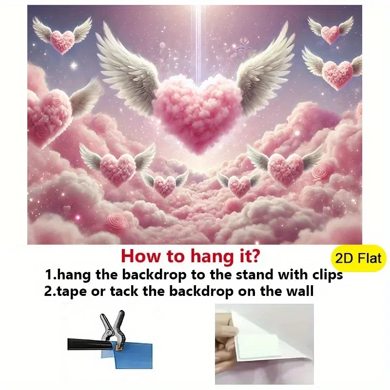 1 أجنحة الملاك الوردي الفاتح والأبيض على شكل قلب نسيج مسطح ثنائي الأبعاد - خلفية صورة ذاتية اللصق مع فيونكة كيوبيد #4