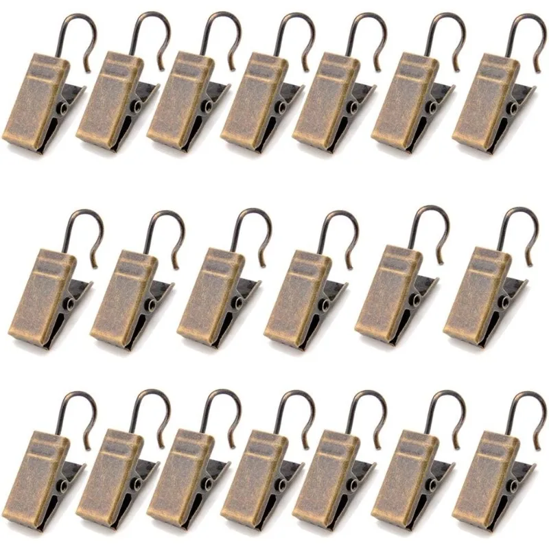 Antique Brass Curtain Hook Clips, 20 Count Metal Curtain Hanging Holders