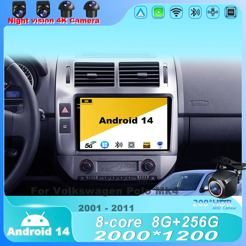 

Car For Volkswagen Polo Mk4 2001 - 2011 Carplay 4G Radio Android 14 QLED Screen Multimedia Players GPS Navigator Stereo Receiver