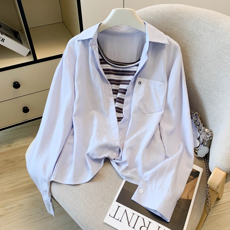 

Women's Striped Vest Shirt Design Summer 2026 New Style Fake Two-Piece Long Sleeve Sun Protection Top Spring Autumn Collar