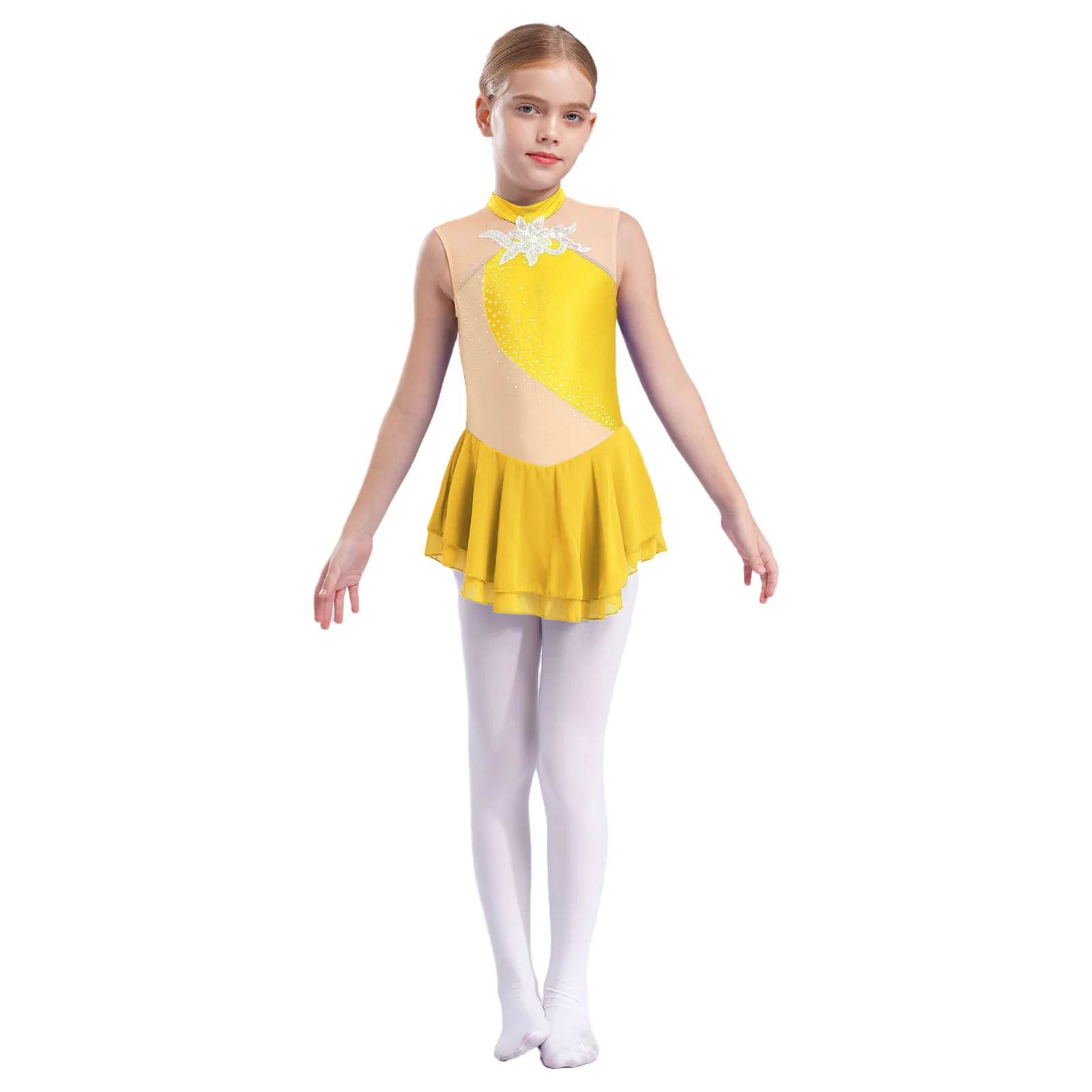 

Girls Sequins Floral Ballet Dance Dress Shiny Rhinestone Skating Stylish Clothing Sleeveless Round Collar Decorated Patchwork