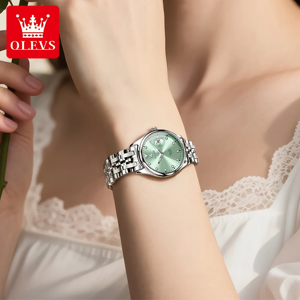 Olevs Stainless Steel Watches for Women Classic Casual Quartz Watches With Date Diamond Green Dial Gift For Her 5649