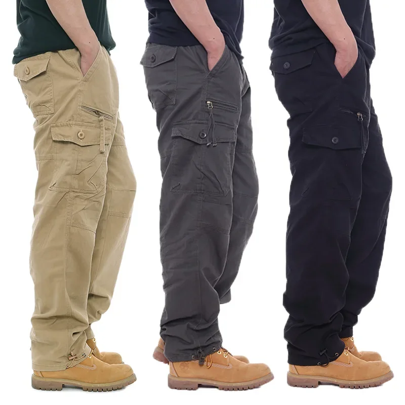 Cargo Brown Pants Men Loose Overalls Men\'s Outdoor Hunting Function Pant Elastic Waist Pure Cotton Casual Work Pants Trousers