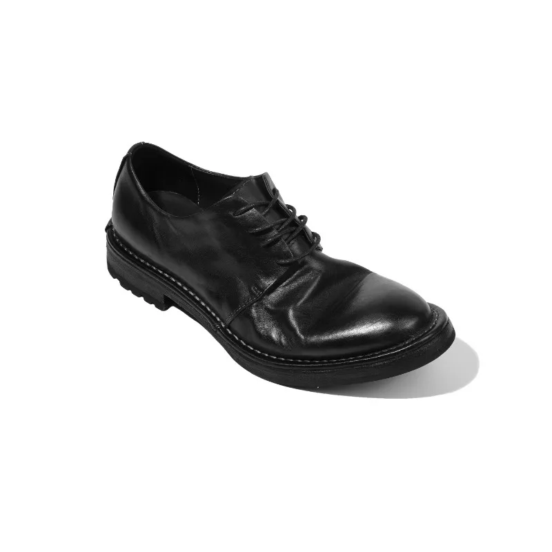 British Style Office Commuting Casual Dress Leather Shoes Men Genuine Leather Derby Retro Washed Handmade Breathable Work Shoes