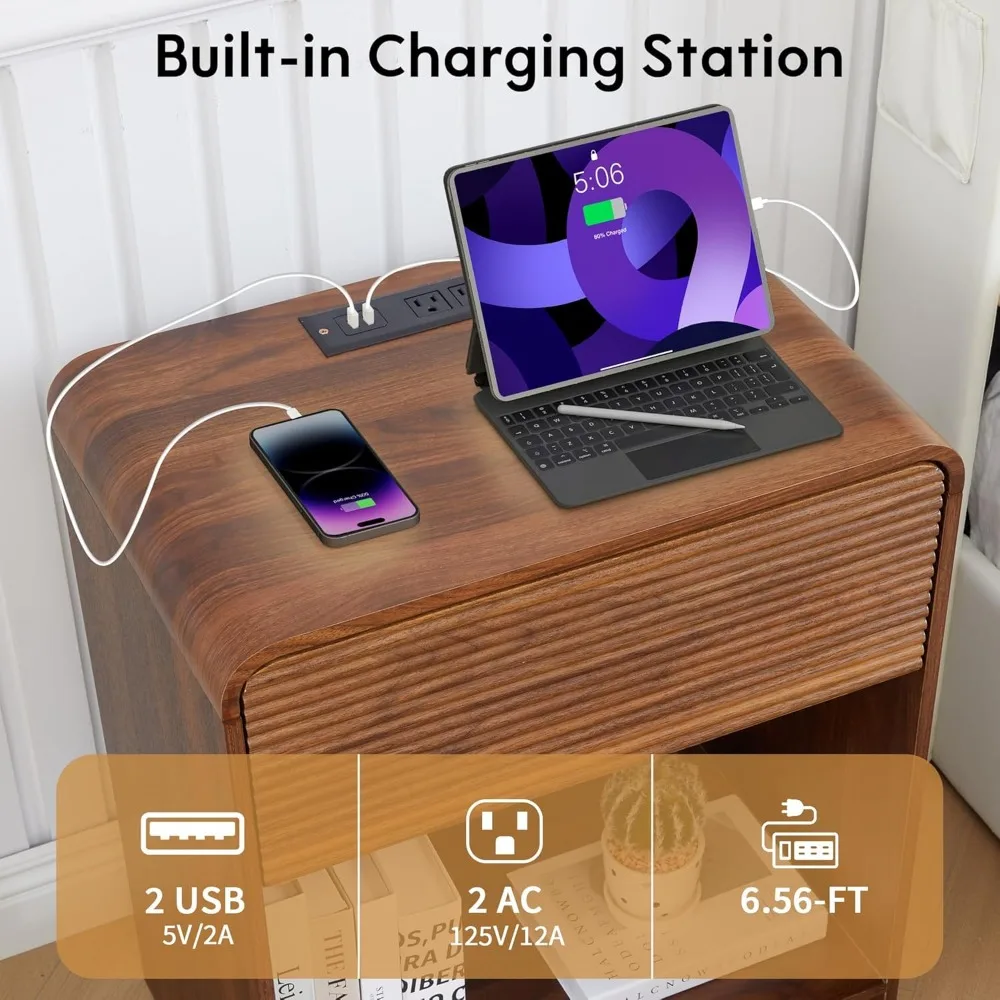 2-piece Flute Bedside Table with Charging Station, Modern Bedside Table with Drawer Storage