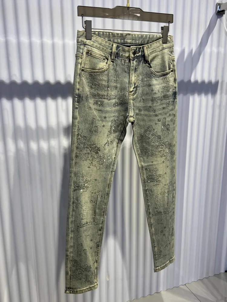 New Deisgner Mens Shiny Diamonds Pattern Slim Fit Party Denim Pants Casual Stretchy Pencil Pants Male Streetwear Fashion Jeans