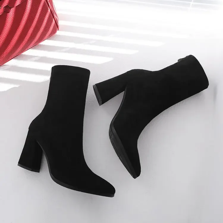 Ankle Chunky High Heel Sock Chelsea Boots Women Autumn Fashion Pointed Frosted Suede Short Boots Female Pumps Sexy Warm Boots