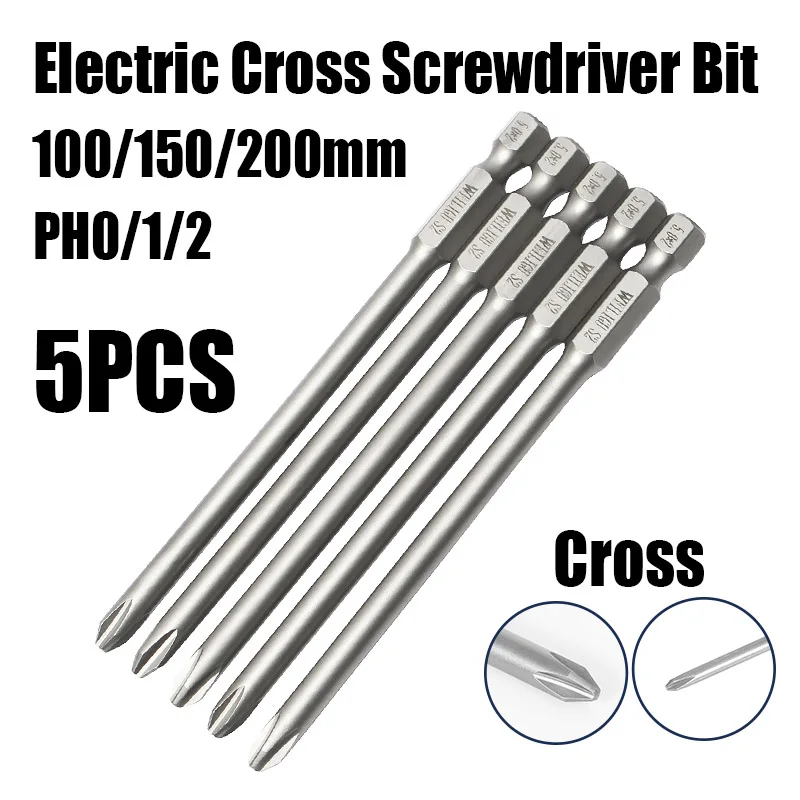 

5PCS 100/150/200mm Electric Cross Screwdriver Bit Set PH0/1/2 Magnetic Phillips Batch Head Hex Shank Anti Slip Impact Driver Bit