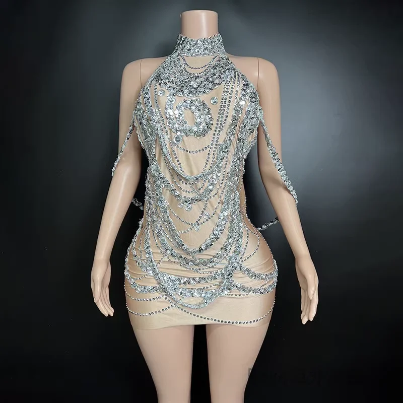 

Cross border silver backless exquisite short skirt birthday party singer idol song costume live house performance costume