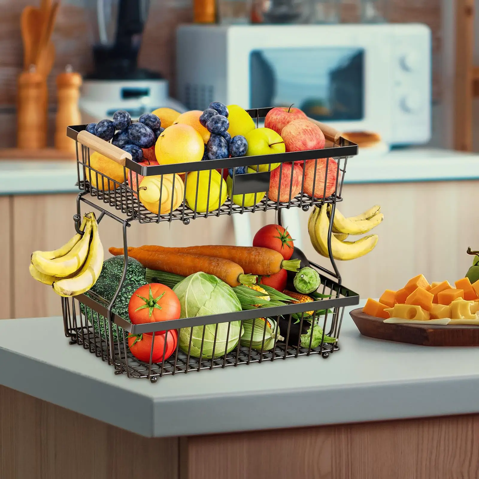 

2 Tier Fruit Stand Countertop Decorative Stand Home Decor Storage Holder Iron Fruit Basket for Kitchen Restaurant Bread Fruit