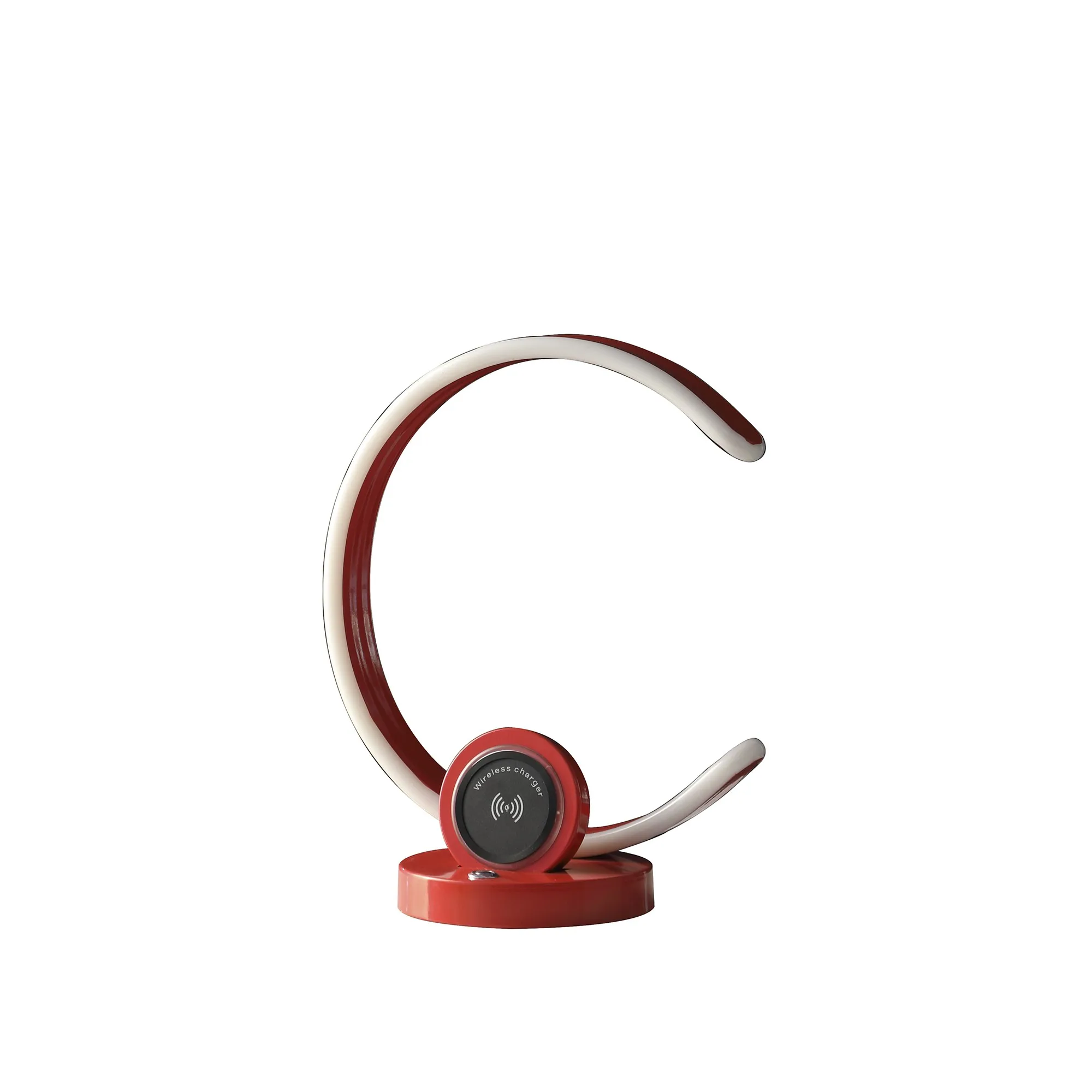 **مصباح طاولة صمام ثنائي باعث للضوء على شكل C مقاس 13 بوصة من الألومنيوم الأحمر/جسم من الخيزران USB مصباح طاولة لغرفة القراءة الحديثة