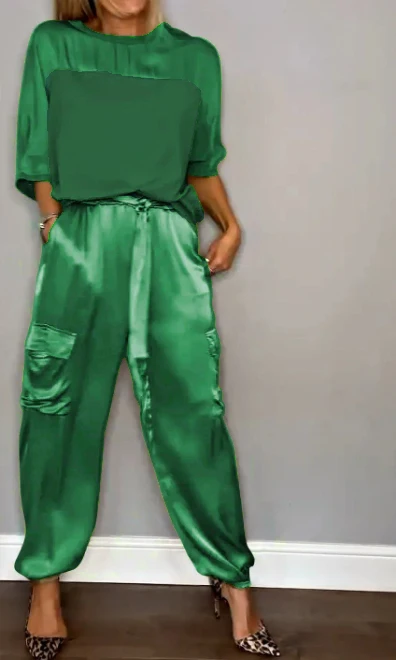 2024 Europäisches und amerikanisches grenzüberschreitendes neues modisches Damen-Kleidungsset aus glattem Satin mit halben Ärmeln, zweiteiliges Freizeit-Set – Detail 2