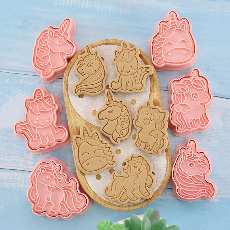 6pcs/set Unicorn Cookies Cutters Plastic Cartoon Pressable Biscuit Mold Confectionery Cookie Stamp Kitchen Baking Pastry Tools