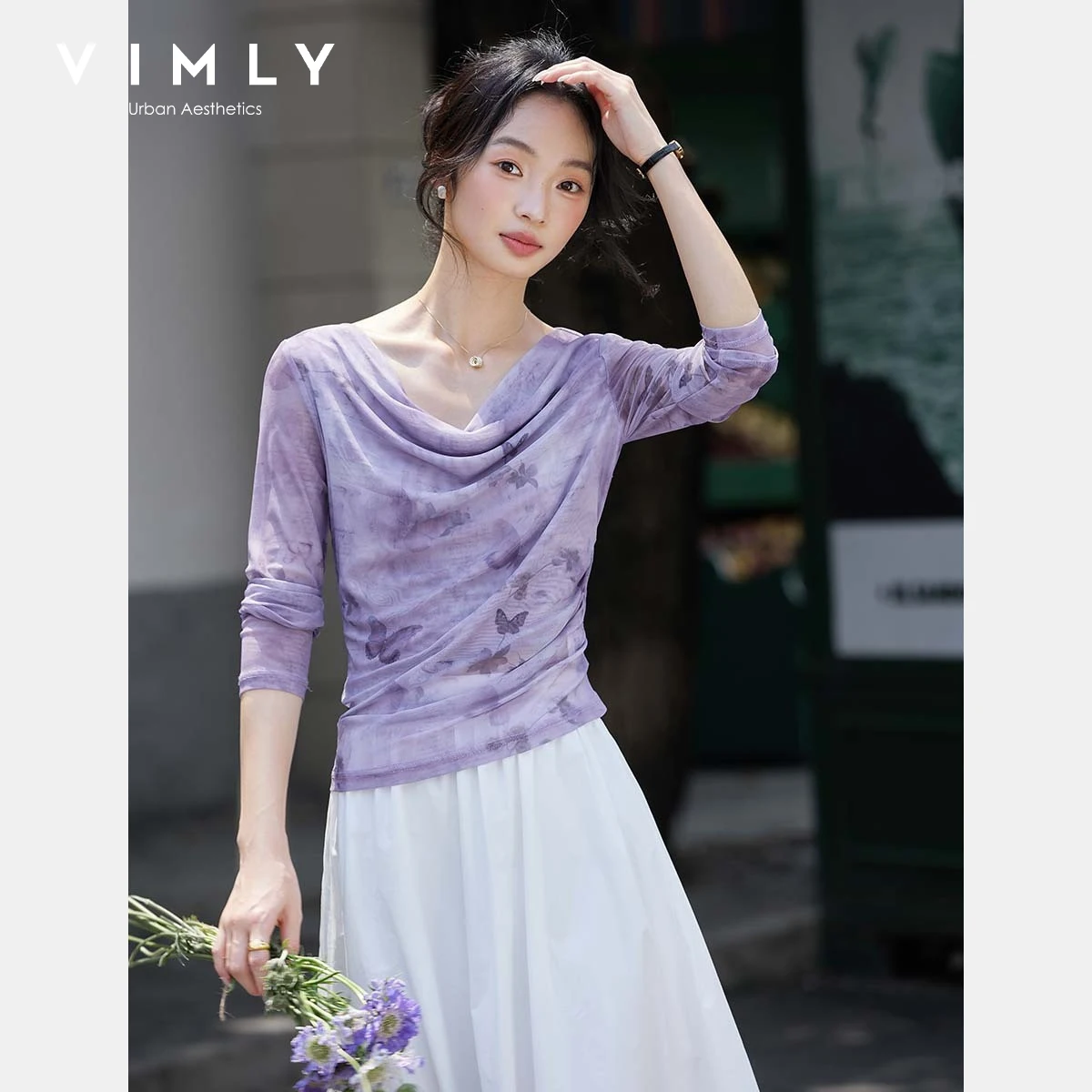 

VIMLY Purple Long Sleeve Female T-Shirts Women's Autumn 2025 Elegant Gauze Butterfly Print Slim-fit Tops Ladies Clothes A2071