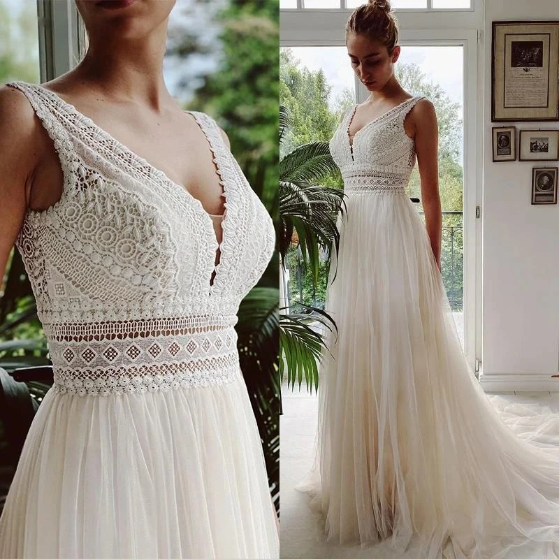 

Customized Bohemian Wedding Dresses V Neck Appliques Lace Tulle Ivory Elegant Prom Gowns A-Line Bride Boho Vestidos De Novia