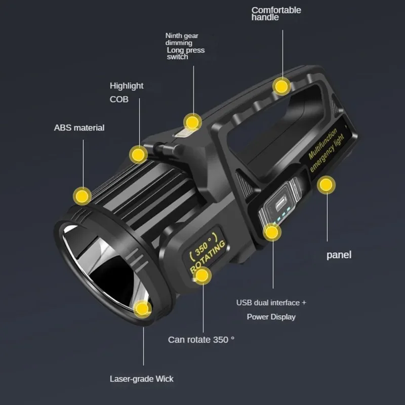 Solar Searchlight 350° Rotating Head Spotlight Rechargeable Super Bright LED Flashlight Outdoor Waterproof Emergency Work Lamp